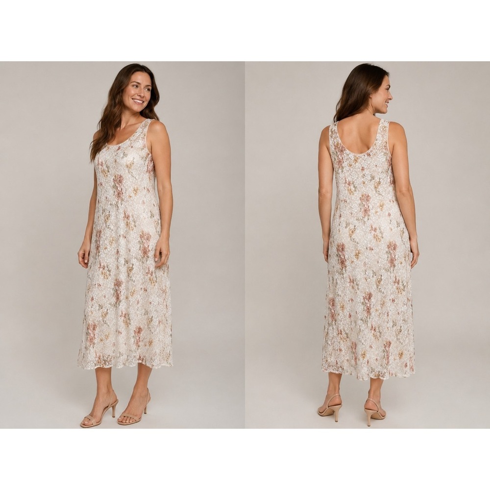 Studio‎ Connection Floral Lace Midi Dress Women's Size XS-S Sleeveless Beige...